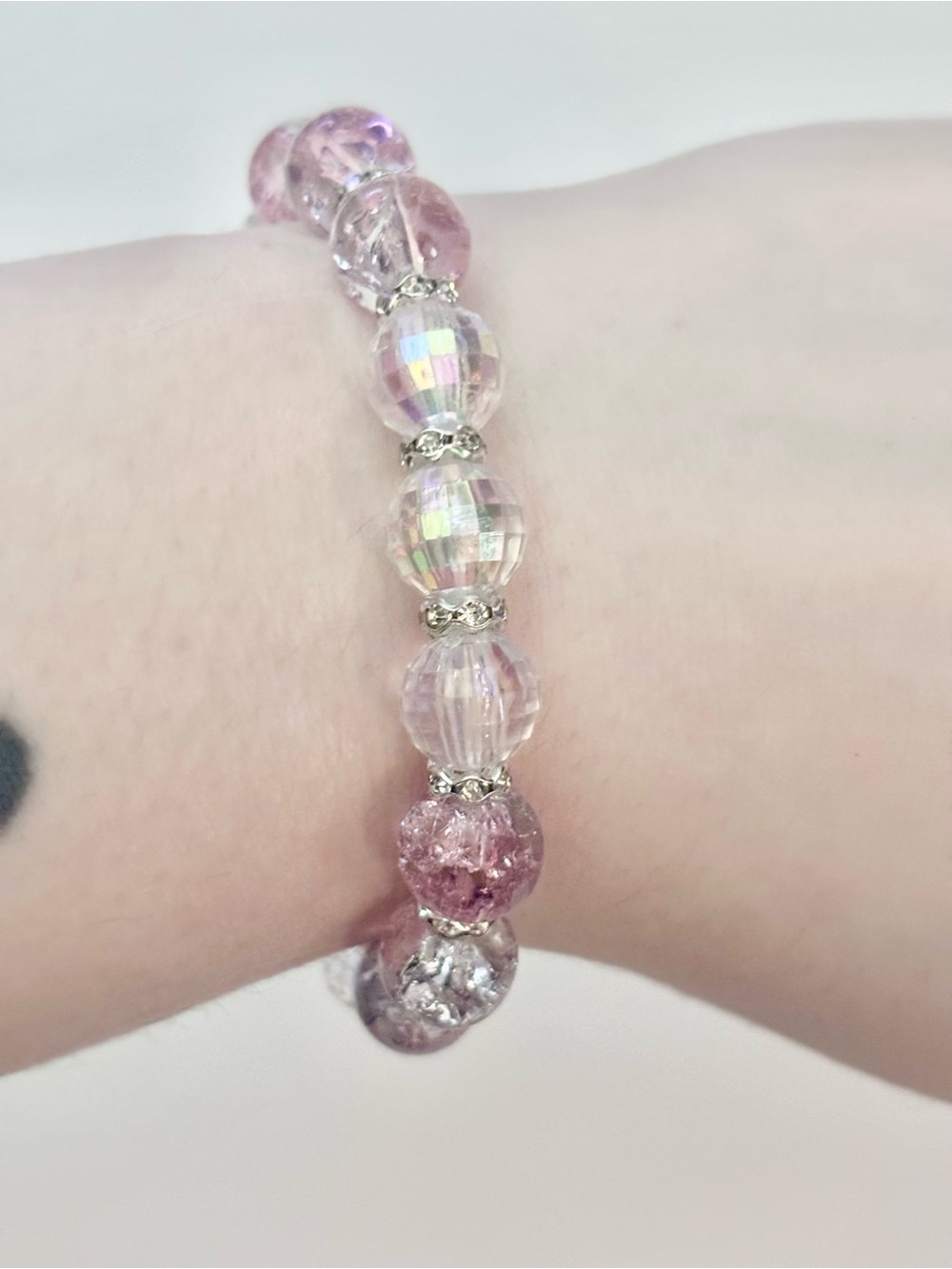 Silver Feather Pearl Charm Bracelet with Pink and Clear Beads - Picture 4 of 5